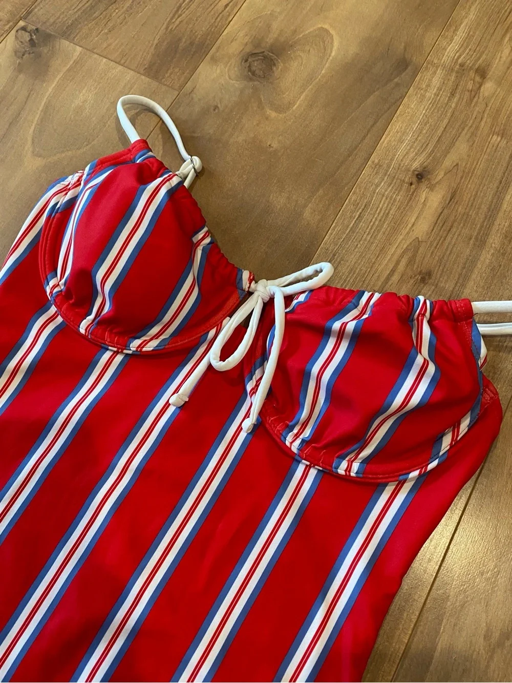 No Boundaries Red Stripe One-Piece Swimsuit with White Accents M